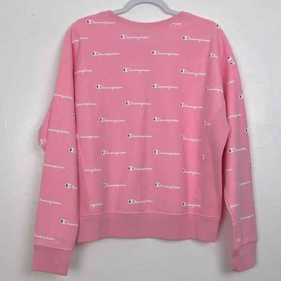 Champion Women’s L Crewneck Pink & White Allover Logo Sweatshirt - Picture 2 of 6